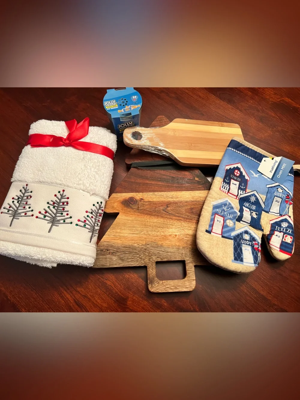 Holiday Kitchen Towel Set with Blue Nautical Oven Mitts and Bamboo Cutting Board